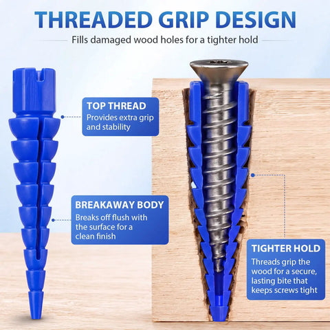 30 Piece Wood Anchor Repair Kit For Stripped Screw Holes Multicolor ABS Inserts For Tightening Loose Hinges Cabinets Drawers Furniture, threaded grip and breakaway body