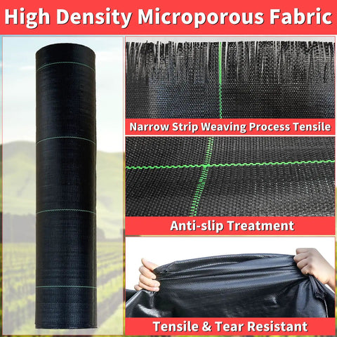 Heavy Duty Weed Barrier Landscape Fabric 3Ft By 300Ft With Visual Planting Grid shown with tensile and tear-resistant features