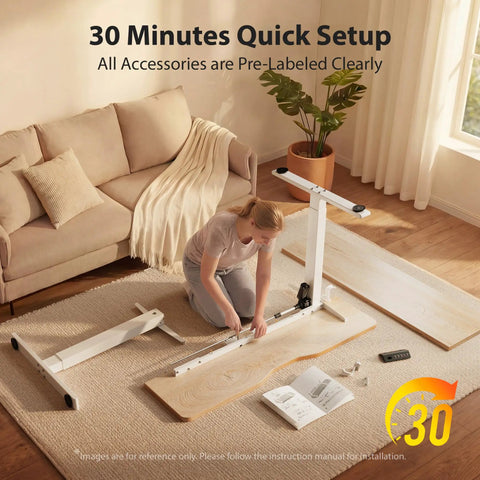 Person assembling Electric Height Adjustable Standing Desk 48x24 Inches With White Frame And Maple Top in living room
