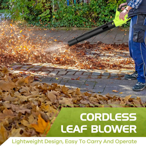 Person using Cordless Leaf Blower With 2 Batteries And Charger, 2 Speed Modes, Lightweight Electric Blower for leaves on a path