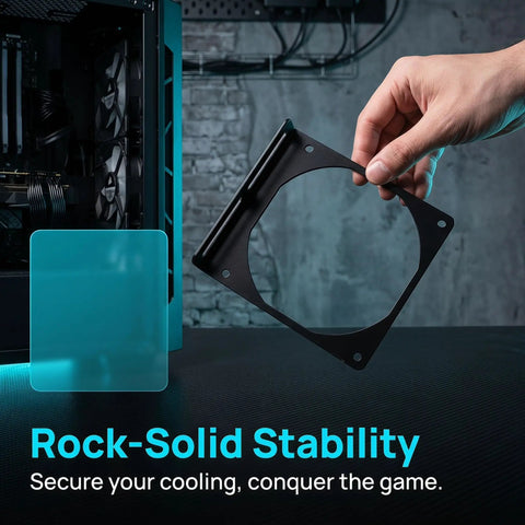Two Pack PC Fan Mounting Brackets For CPU Coolers Rock Solid Iron Construction Portable Design Easy Tool Free Mount Keeps Cooling Fans Snug In PC Chassis To Boost Airflow And Performance, black iron bracket