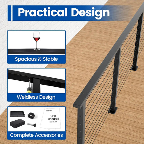 Rectangular Black Aluminum Cable Railing Handrail For Decks Badass Strength And Slick Matte Finish Rock Solid Frame showing practical design features.