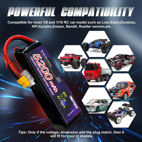 11.1V 3S 5200mAh 80C RC LiPo Battery Pack With XT60 Connector shown with compatible RC vehicles