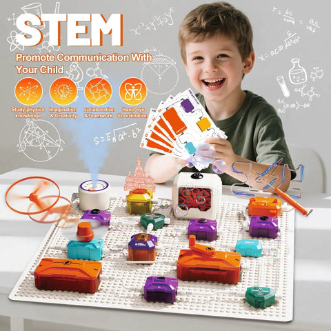 Child playing with Hands On Science Kit For Kids With 420 Plus Projects And 50 Circuit Parts Includes Bubble Maker Fan And Flying Helicopter STEM Educational Toy Gift For Boys And Girls Ages 8 To 13, showcasing colorful components on a board
