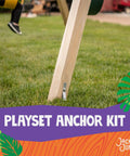 Wooden swing set leg secured to grass with Playset Anchor Kit For Swing Sets Heavy Duty Ground Anchors
