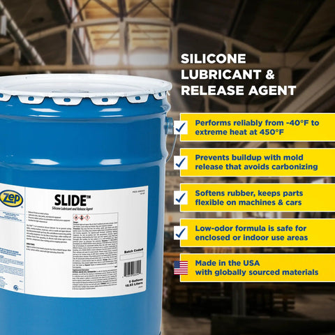 Blue 5-gallon drum labeled Slide Silicone Lubricant And Release Agent For Industrial And Workplace Use Only, Low Odor Formula With Non Chlorinated Solvents