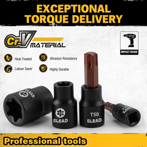 Rugged 31-Piece Torx Bit Socket Set With 14 Star Bits T8 Through T70 And 13 E-Torx Sockets E4 Through E24, Pro Grade CR-V And S2