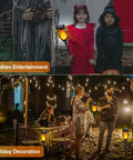 Outdoor Solar Torch Lights 6 Pack With Flickering Flame, children and adults using torches for seasonal decoration
