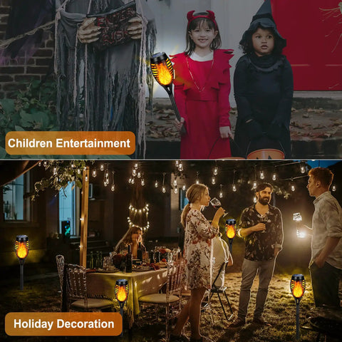 Outdoor Solar Torch Lights 6 Pack With Flickering Flame, children and adults using torches for seasonal decoration