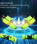 Kid-Friendly Offroad RC Car with Headlights and Dual-Sided Stunts demonstrating 360 degree flips on a neon platform