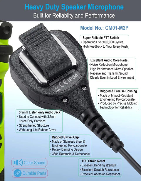 Close-up of Speaker Microphone For Motorola Radios 2 Pin Microphone 4 Pack showing rugged design and detailed features.