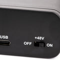 Close-up of Single Channel USB Audio Interface with USB port and 48V phantom power switch, compatible with Windows and Mac.