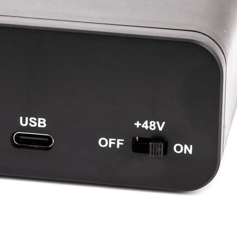 Close-up of Single Channel USB Audio Interface with USB port and 48V phantom power switch, compatible with Windows and Mac.