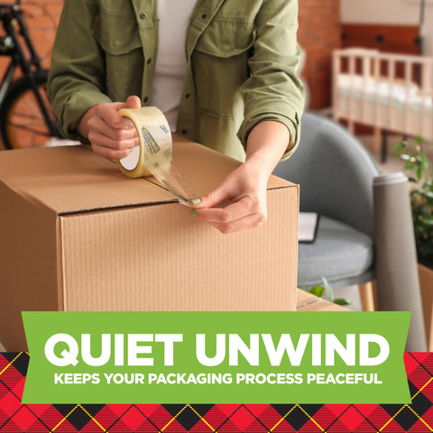 Woman using Smooth Operator Clear Shipping Packing Tape With Heavy Duty Dispenser for closing a cardboard box.