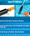 Installation steps for Smooth Operator Cordless Submersible Utility Pump Adapter For Dewalt 20V Batteries with hose and pump.