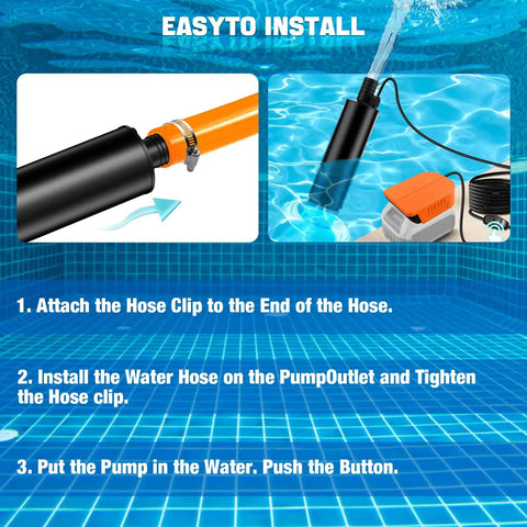 Installation steps for Smooth Operator Cordless Submersible Utility Pump Adapter For Dewalt 20V Batteries with hose and pump.