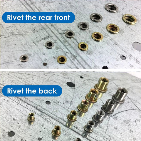 Top and side view of 30Pcs M8 Rivet Nuts With Hand Rivet Nut Tool Carbon Steel Flat Head Threaded Insert Nut Kit on metal surface