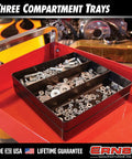 Stackable Toolchest Organizer Tray In Blue With Three Compartments For Mechanics, Electricians, Plumbers And DIYers Heavy Duty Made In The USA Perfect For Nuts, Bolts, Tools And Small Parts showing metal parts storage