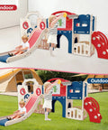 12 In 1 Outdoor Toddler Playset With Slide Swing Basketball Hoop Climbing Wall Tunnel And Hideout shown indoor and outdoor