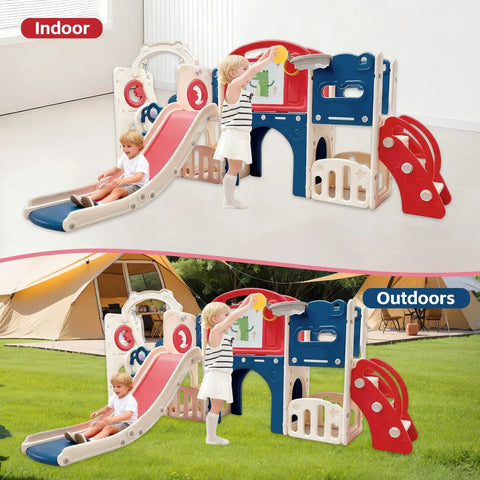 12 In 1 Outdoor Toddler Playset With Slide Swing Basketball Hoop Climbing Wall Tunnel And Hideout shown indoor and outdoor