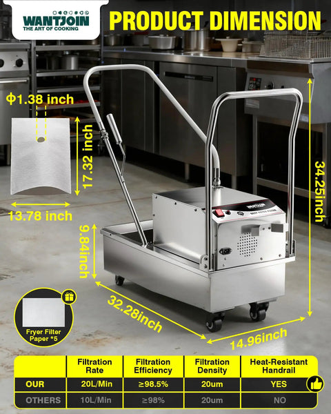WantJoin Commercial Deep Fryer Oil Filter Machine 10.5 Gallon dimensions display with stainless steel design for restaurant kitchens.