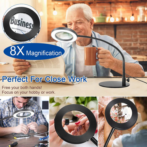 Hands Down The Best Eight Times Magnifying Glass With Bright Led Light And Flexible Stand Clamp For All Your Crafting Needs shown in various uses