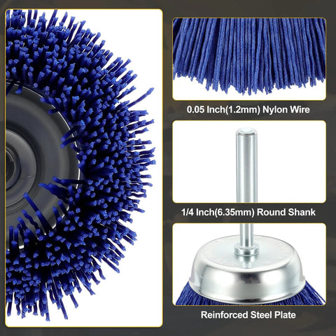 Top Shelf 12 Piece Wire Wheel And Pen Brush Set For Power Drills featuring a 0.05 inch nylon wire brush with 1/4 inch round shank.