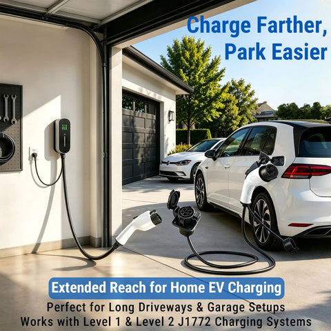 Hella Reliable Heavy Duty EV Charger Extension Cable 17 Foot 50 Amp J1772 Cord For AC Home Charging with sleek plug in jack.