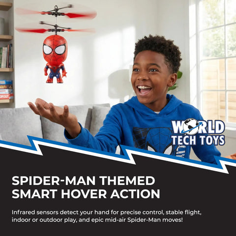 Child playing with Marvel Spider Man Big Head Helicopter Toy With Motion Sensing Flight For Kids 6 Plus Officially Licensed