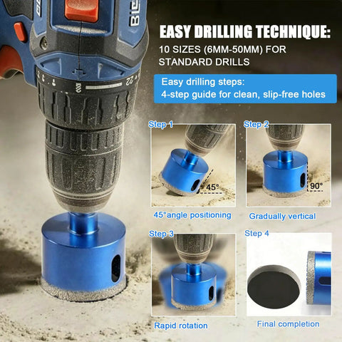 Badass Premium Ten Piece Diamond Tile Hole Saw Kit With 1/4 To 2 Inch Vacuum Brazed Drill Bits, showing drilling technique steps.