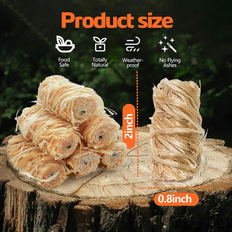 Waterproof 72 Pack Fire Starters showing a stack on tree stump, natural pine, 2-inch size, for campfires grills and camping