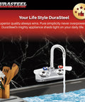 Commercial Kitchen Grade Faucet No Lead Center Wall Mount Utility Hand Faucet With Three And A Half Inch Gooseneck Spout Built To Last Dual Lever Handles Brass Construction And Chrome Finish NSF Certified over sink