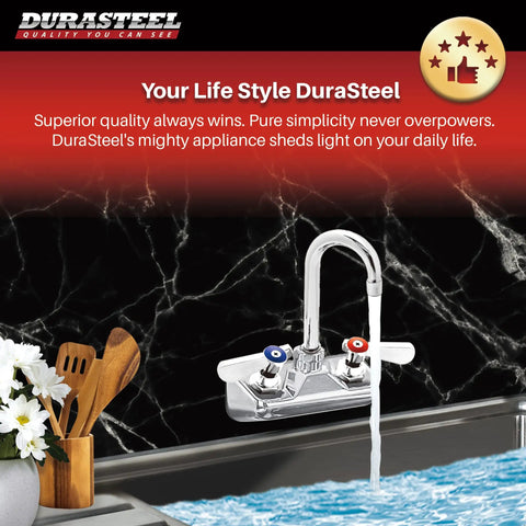 Commercial Kitchen Grade Faucet No Lead Center Wall Mount Utility Hand Faucet With Three And A Half Inch Gooseneck Spout Built To Last Dual Lever Handles Brass Construction And Chrome Finish NSF Certified over sink