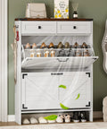 Farmhouse Narrow Shoe Cabinet With Odor Control Deodorizer 2 Flip Drawers 2 Top Drawers Adjustable Shelves And Side Hooks