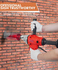 Beefy Diamond Core Drill Rig Handheld Wet And Dry Core Drilling Machine with 1.25 Inch Threaded Spindle drilling a brick wall.