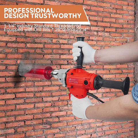Beefy Diamond Core Drill Rig Handheld Wet And Dry Core Drilling Machine with 1.25 Inch Threaded Spindle drilling a brick wall.