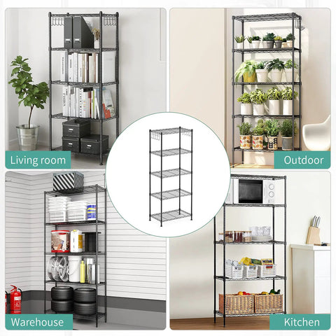 Beefy Five Shelf Heavy Duty Metal Storage Rack With Adjustable Wire Shelves in various room settings.