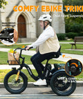 Boss Level Fat Tire Electric Tricycle For Adults With Folding Frame And Basket 1200W Peak Motor 48V 13Ah Battery 18 Inch Fat Tires Step Through Ebike Up To 65 Miles And 18 MPH Stable Comfortable Ride, woman riding