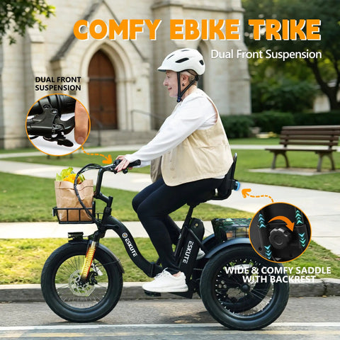 Boss Level Fat Tire Electric Tricycle For Adults With Folding Frame And Basket 1200W Peak Motor 48V 13Ah Battery 18 Inch Fat Tires Step Through Ebike Up To 65 Miles And 18 MPH Stable Comfortable Ride, woman riding