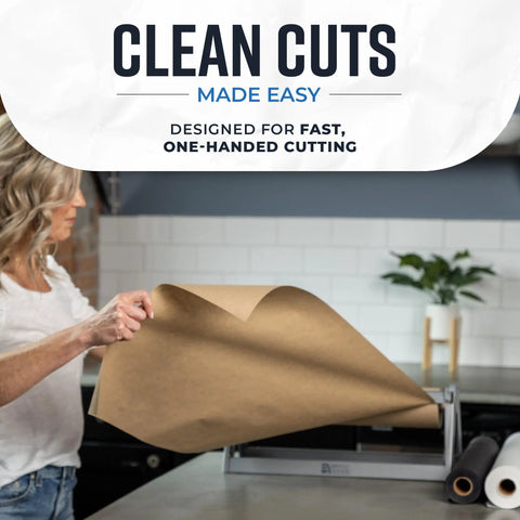Heavy Duty Steel Butcher And Kraft Paper Roll Dispenser With Razor Sharp Cutter Blade Built For Kitchen Wrapping And Craft Room Jobs That Hits Different Every Use Top Shelf Quality You Will Dig Smooth Cuts Guaranteed in use, demonstrating clean cuts with brown butcher paper.
