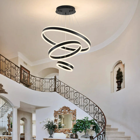 Modern Dimmable LED Chandelier With Dope 3 Ring Adjustable Pendant Lights For Living Room, Bedroom, And Dining Room - Remote Control, Contemporary Hanging Ceiling Fixture In Black, Aluminum And Acrylic, Height Adjustable DIY Design in grand foyer.
