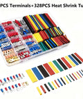 All In One Wire Terminal Kit With 678 Copper Connectors Ring Fork Spade And Quick Disconnects Plus 328 Heat Shrink Tubing displayed