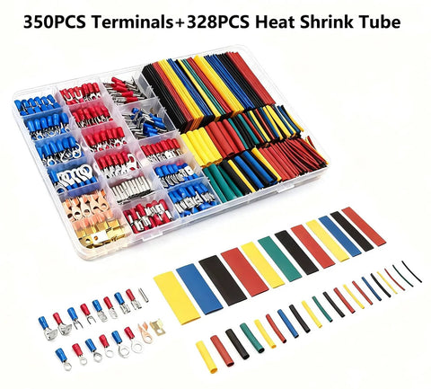 All In One Wire Terminal Kit With 678 Copper Connectors Ring Fork Spade And Quick Disconnects Plus 328 Heat Shrink Tubing displayed