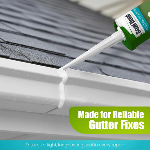Applying Gutter And Seam Sealant White For Weatherproofing And Flexible Bonding 100 Percent Solids No Shrinkage to a roof gutter