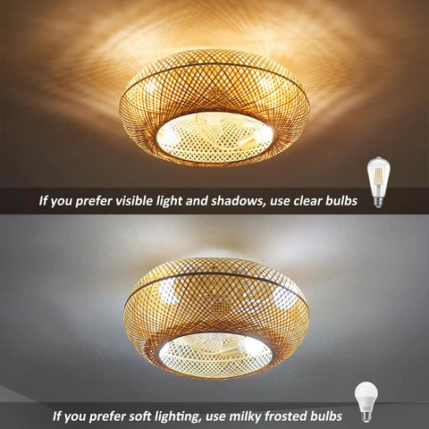 Coastal Boho 20 Inch Ceiling Fan With Light Rattan Caged Flush Mount Enclosed Blades 6 Speed Reversible Motor Ceiling Effect