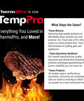 TempPro branding announcement with grilled meat on flames, highlighting mission and product consistency.