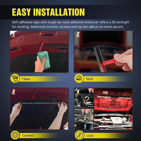 Easy installation steps for 2 Pack Underhood LED Light Strips Waterproof 42LED 40cm Engine Bay Work Light For Car Truck SUV