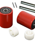 Beefed Up Heavy Duty Pallet Jack Wheels Set With Axles And Entry Exit Rollers Four Poly Tread Red Wheels 2.75 Inch By 3.75 Inch ID 20mm Bearings Non Marring Industrial Replacement For Trucks