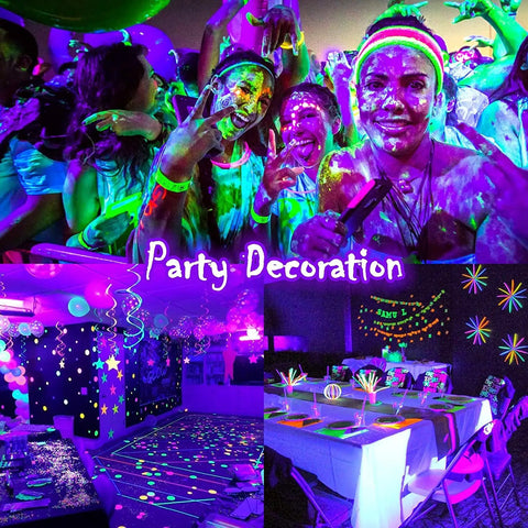 Lit UV Black Light Party Kit 6W LED Disco Ball Strobe Lights With vibrant fluorescent glow effects at a lively party scene