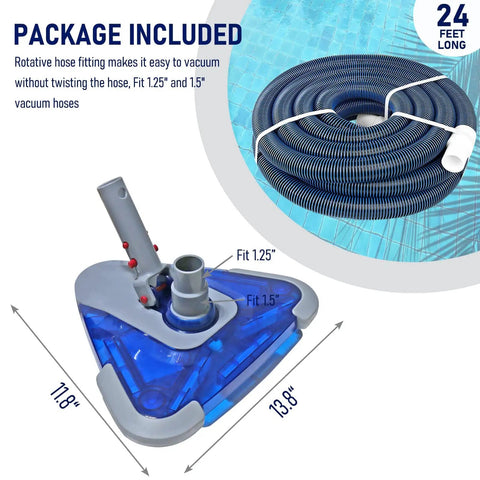 1.5 Inch X 24 Ft Flexible Pool Vacuum Hose with See Through Triangular Weighted Head and Swivel Cuff Kink Resistant